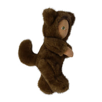 Brown furry werewolf plush doll with pointed ears, green eyes, a fluffy tail and soft paws, from Dinkum Dolls by Olli Ella