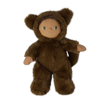 Brown furry werewolf plush doll with green eyes, pointed ears, a hooded costume, and outstretched arms, Wesley Werewolf from Dinkum Dolls by Olli Ella