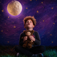 Child holding a Dinky Dinkum Wesley Werewolf plush doll beneath a glowing full moon and starry purple night sky, from Dinkum Dolls by Olli Ella