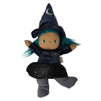 Dinky Dinkum Winnie Witch plush doll with teal hair, crescent moon hat, navy witch outfit, sparkly skirt, and striped legs by Dinkum Dolls by Olli Ella