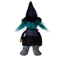 Back view of Dinky Dinkum Winnie Witch doll with teal hair, black pointed hat and dress, and black and white striped legs by Dinkum Dolls by Olli Ella