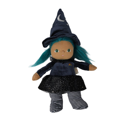 Dinkum Dolls by Olli Ella Winnie Witch doll with teal hair, crescent moon hat, black starry skirt, and striped legs on a white background