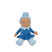 Plush toy doll with blue outfit and headband on a white background