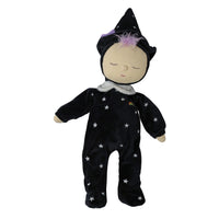 Sleeping black witch doll with a pointed hat, purple hair, starry outfit and soft white collar by Dinkum Dolls by Olli Ella
