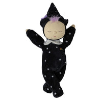 Sleeping Dozy Dinkum doll in a black starry witch costume with pointed hat, purple hair, closed eyes and raised arms by Dinkum Dolls by Olli Ella