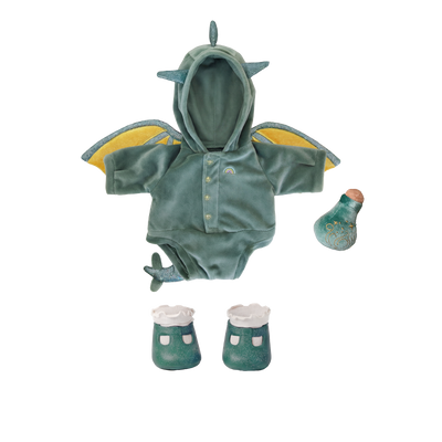 Dinosaur-themed baby outfit with hood, wings, and booties on a white background