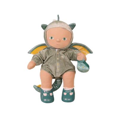 Doll in a dragon costume with wings on a white background