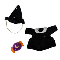 Dinkum Dolls by Olli Ella Willa Witch dress-up set with a black starry witch hat, black dress with white collar and rainbow detail, and purple candy accessory