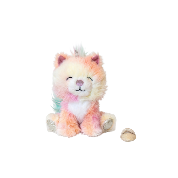 Plush toy llama with pastel colors on a white background