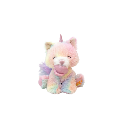 Pastel-colored plush toy with unicorn design on a white background