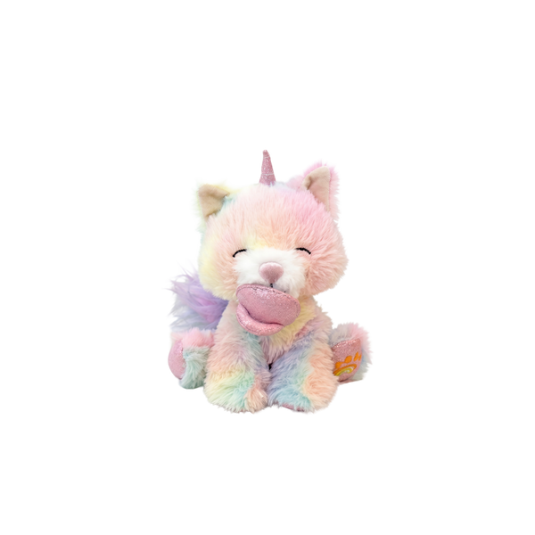 Pastel-colored plush toy with unicorn design on a white background