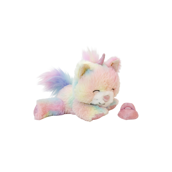 Pastel-colored plush toy with a unicorn design on a white background