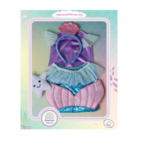 Mermaid Dress-Up toy set in its original packaging, featuring a purple top with a blue headband, a light blue ruffled skirt, and a pink glittery shell bottom, along with a white starfish accessory.