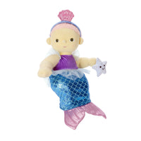 A mermaid-themed plush doll with a yellow face and arms, a purple top, a blue scale-patterned tail, and pink fin accents, holding a small white star toy against a plain white background.