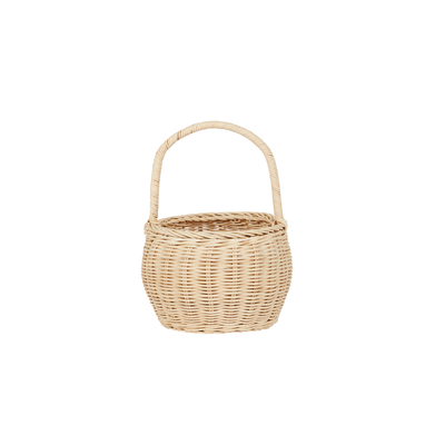 Olli Ella Home straw rattan Big Berry Basket with a rounded woven body and arching handle, ideal for carrying toys, treats, or Easter eggs