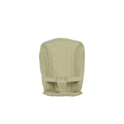 Sage green padded doll stroller seat with quilted fabric, safety harness strap, and adjustable footrest, shown front-facing by Dinkum Dolls