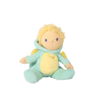 A plush doll with curly blonde hair, a pale peach face, and a mint green hooded outfit with a yellow belly patch and small yellow wings, shown on a plain white background.