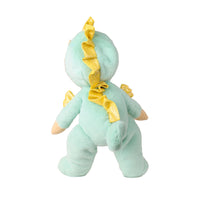 A plush dinosaur toy shown from the back, featuring a mint green body with shiny gold accents on its back, tail, and small wings, set against a plain white background.