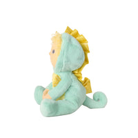 A plush doll toy with a mint green body, yellow ruffled hood, and yellow bow, shown from the side on a plain white background.