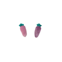 Two soft carrot toys in pink and purple with teal leafy tops, shown against a black background by Dinkum Pets