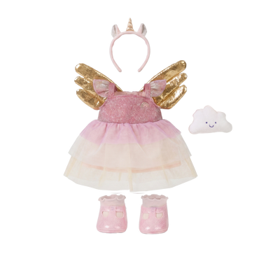 Pink fairy costume set with wings, headband, and shoes on a white background