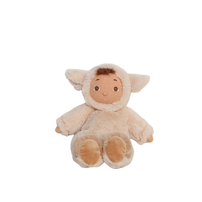 Plush lamb doll with soft cream fur, floppy ears, open brown eyes, a sweet smile, and rounded feet, from Cozy Dinkums for babies and children