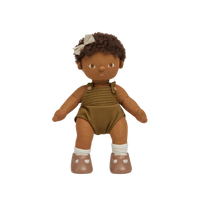 Brown afro haired, posable doll for kids. Snuggle them, dress them up and style their hair. Each Doll comes with its own removable gender-neutral outfit, socks, nappy, and shoes, perfect for interactive doll play.