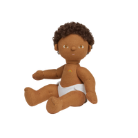 Gender-neutral, posable kids doll with brown hair and removable brown outfit. Dress them up and style their hair for hours of interactive kids play.