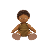 Brown afro haired, posable doll for kids. Snuggle them, dress them up and style their hair. Each Doll comes with its own removable gender-neutral outfit, socks, nappy, and shoes, perfect for interactive doll play.