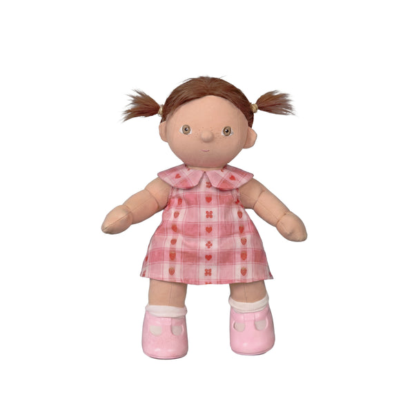 Plush doll with a pink checkered dress on a white background