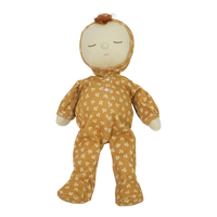 Gender-neutral posable plush doll with tan coloured velvety onsie outfit. Perfectly weighted for cuddles and bedtime. Suitable toy from birth.