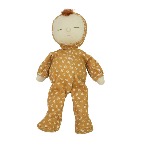 Gender-neutral posable plush doll with tan coloured velvety onsie outfit. Perfectly weighted for cuddles and bedtime. Suitable toy from birth.