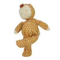 Gender-neutral posable plush doll with tan coloured velvety onsie outfit. Perfectly weighted for cuddles and bedtime. Suitable toy from birth.