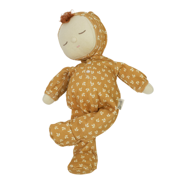 Gender-neutral posable plush doll with tan coloured velvety onsie outfit. Perfectly weighted for cuddles and bedtime. Suitable toy from birth.