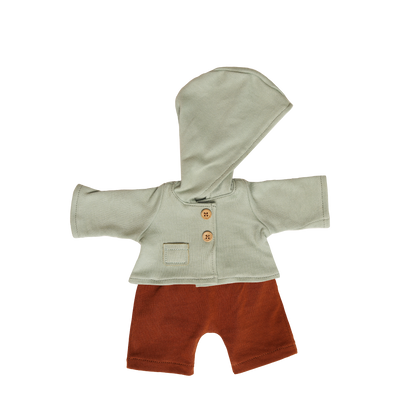 Dinkum Dolls doll clothing set with a sage green hooded jacket and separate rust colored pants for a Dinkum doll playdate