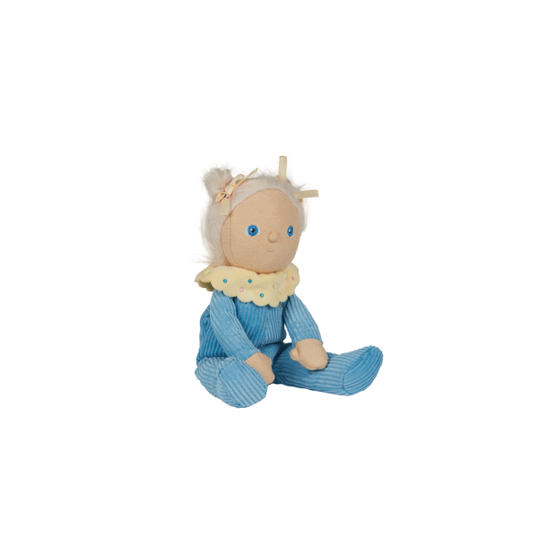 Limited-edition, palm sized, collectable corduroy kids plush toy. Bonnie Buttercream is a blue weighted plush toy in a velvet onsie, perfect for imaginative kids play.