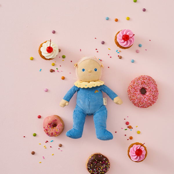 Limited-edition, palm sized, collectable corduroy kids plush toy. Bonnie Buttercream is a blue weighted plush toy in a velvet onsie, perfect for imaginative kids play.