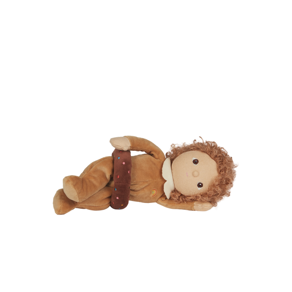 Limited-edition, palm sized, collectable kids plush toy. Darcy Donut is a chocolate donut weighted plush toy in a velvet onsie, perfect for imaginative kids play.