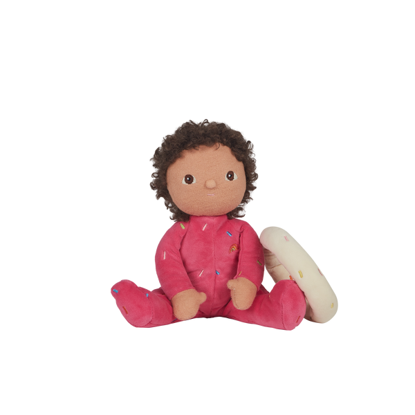 Limited-edition, palm sized, collectable kids plush toy. Sadie Sprinkles is a pink, strawberry  donut weighted plush toy in a velvet onsie, perfect for imaginative kids play.