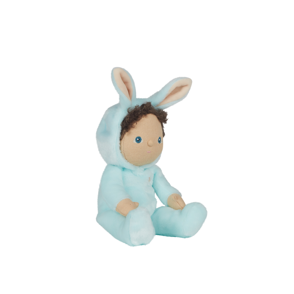 A soft, cuddly plush bunny toy with a baby blue-colored coat, perfect for small hands and imaginative play. Perfectly weighted and collectable easter-themed plush toy.