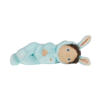 A soft, cuddly plush bunny toy with a baby blue-colored coat, perfect for small hands and imaginative play. Perfectly weighted and collectable easter-themed plush toy.