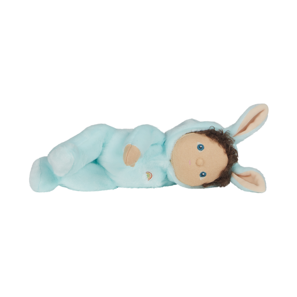 A soft, cuddly plush bunny toy with a baby blue-colored coat, perfect for small hands and imaginative play. Perfectly weighted and collectable easter-themed plush toy.
