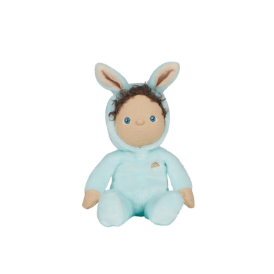 A soft, cuddly plush bunny toy with a baby blue-colored coat, perfect for small hands and imaginative play. Perfectly weighted and collectable easter-themed plush toy.