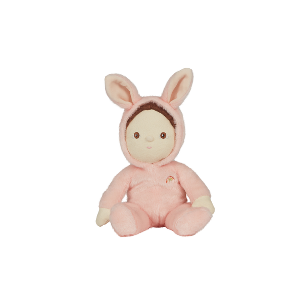 A soft, cuddly plush bunny toy with a pink-colored coat, perfect for small hands and imaginative play. Perfectly weighted and collectable easter-themed plush toy.