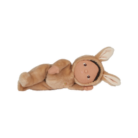 Dinky Dinkums latte brown bunny plush doll lying on its side with floppy ears and a soft hood, a cuddly pocket sized toy for children