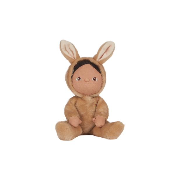 A soft, cuddly plush bunny toy with a latte-colored coat, perfect for small hands and imaginative play. Perfectly weighted and collectable easter-themed plush toy.