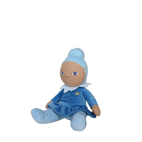 Plush toy with blue outfit and hat on a white background