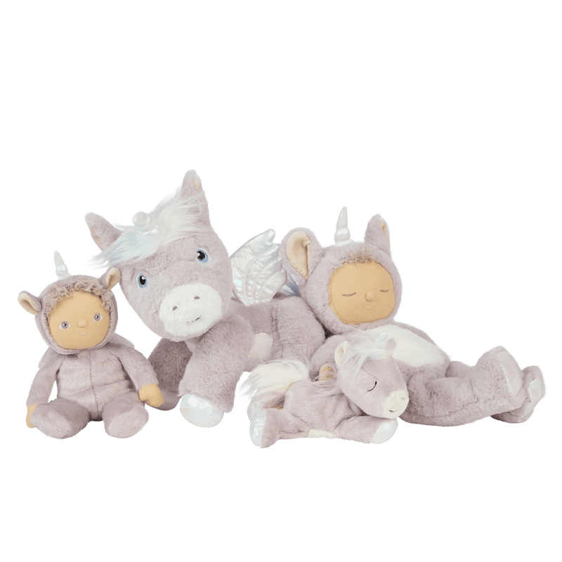 Dinky Dinkums Uma unicorn doll with soft lilac plush unicorn friends, including a winged donkey and two cuddly unicorn toys posed together on a plain background