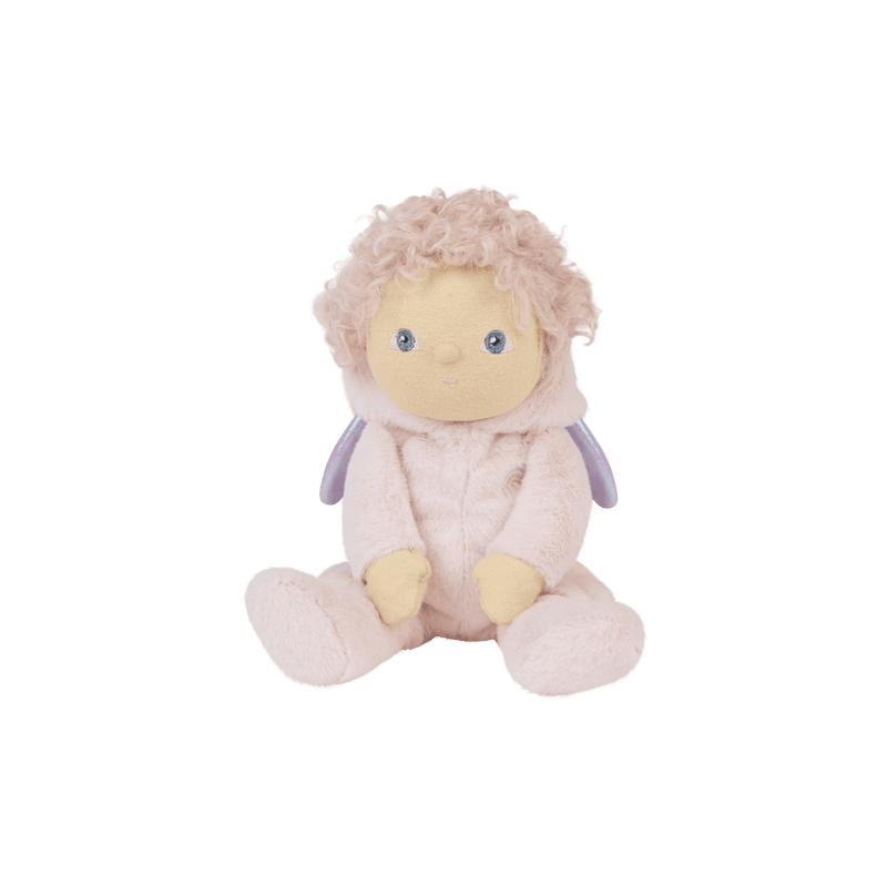 Dinky Dinkums Una Unicorn plush doll seated with a soft pink fuzzy body, curly peach hair, a warm beige face, blue eyes, and lavender wings