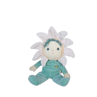 Plush toy resembling a flower with a face, wearing a green outfit on a white background